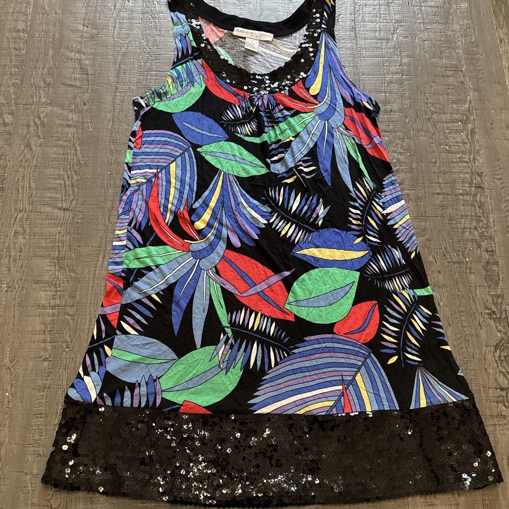 Women's Dress Tank Tunic‎ Black Sequins Floral Size L Cruise Beach Resort Pool
